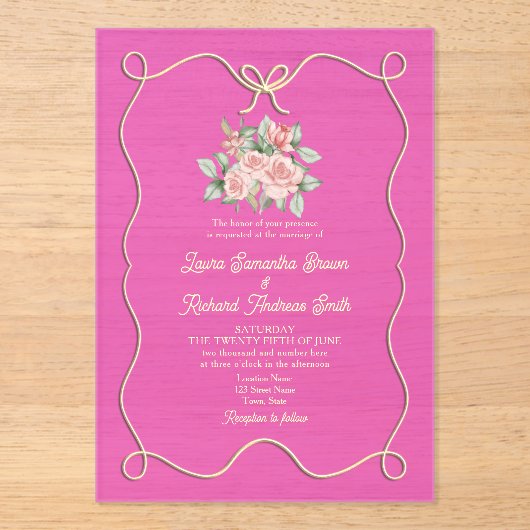 Hand getrokken boog roze bruiloft acryl uitnodigingen (Voorkant)
