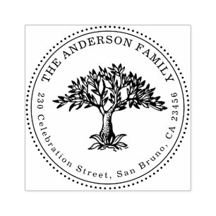Hand getrokken boom familienaam & rond retouradres 	rubberstempel