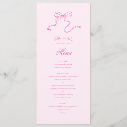 Hand getrokken Bow Roze Baby shower Menu (Voorkant)
