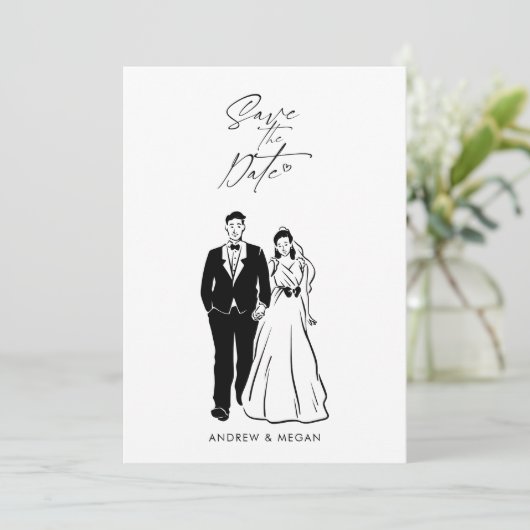 Hand getrokken bruid en bruidegom save the date (Staand voorkant)