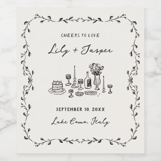 Hand getrokken bruiloft eten wijn etiket (Enkel label)