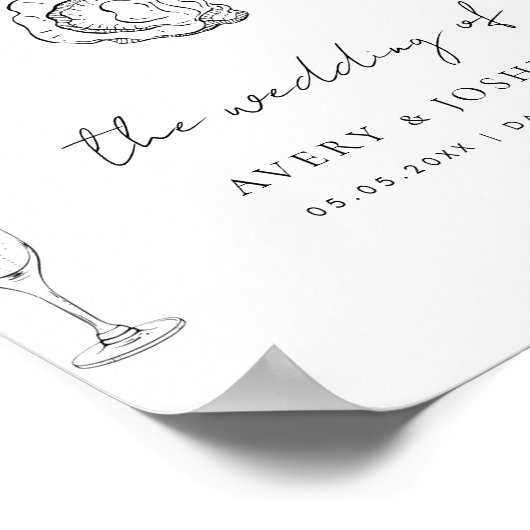 Hand getrokken champagne oesters gebraden bruiloft poster (Hoek)