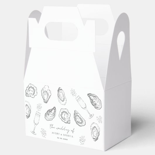 Hand getrokken champagne & oesters gebrande bruilo bedankdoosjes (Geopend)