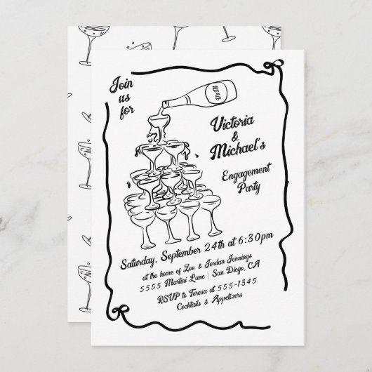 Hand getrokken Champagne Stack Verlovingsfeest Kaart (Voorkant / Achterkant)