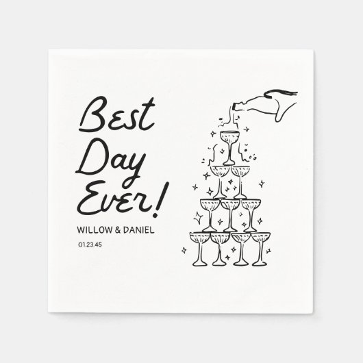 Hand getrokken champagne toren beste dag ooit brui servet (Voorkant)