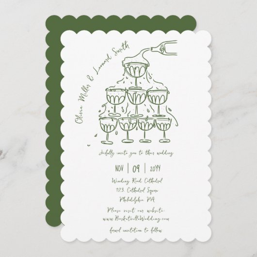 Hand-getrokken champagnetoren redden de datum brui kaart (Voorkant / Achterkant)