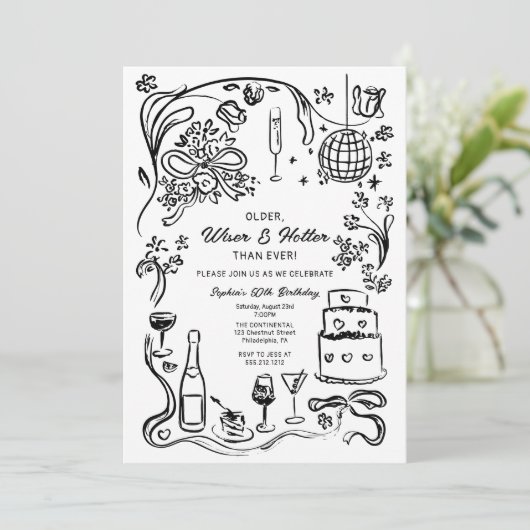 Hand getrokken Coquette Wiser en Hotter Verjaardag Kaart (Staand voorkant)