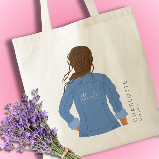 Hand getrokken Denim Jacket Bruin Hair Bride Tote Bag