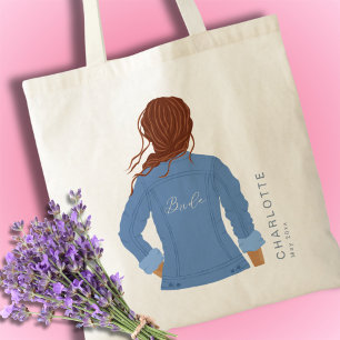 Hand getrokken denim jas rood haar bruid tote bag