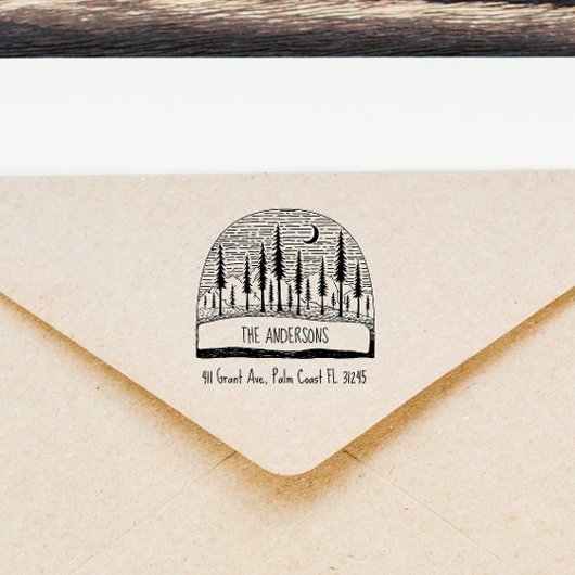 Hand-getrokken dennen landschap familie retour adr rubberstempel