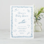 Hand getrokken Doodle blauw Baby shower Kaart (Staand voorkant)