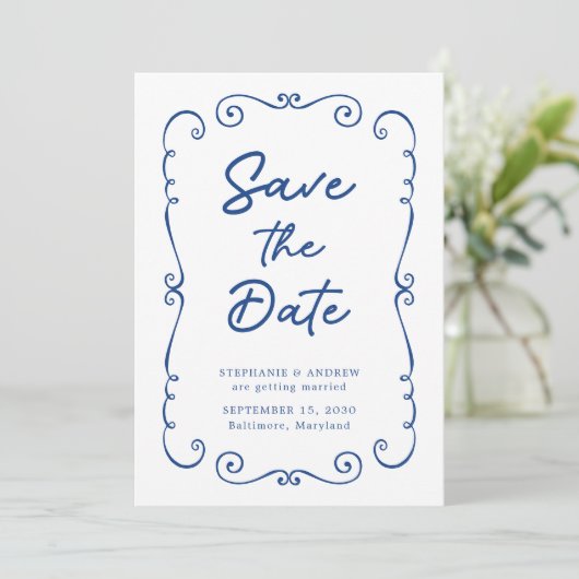 Hand getrokken Doodle Border Bruiloft Save the Dat Kaart (Staand voorkant)