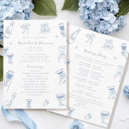 Hand getrokken Doodle Dusty Blue Wedding Programma