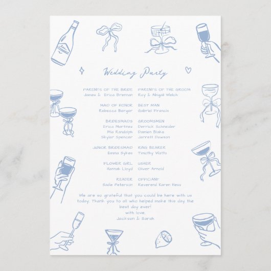 Hand getrokken Doodle Dusty Blue Wedding Programma (Achterkant)