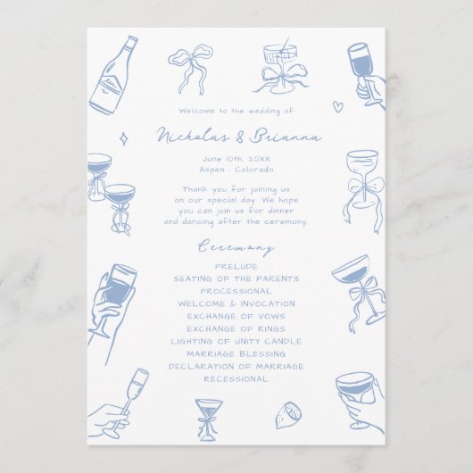 Hand getrokken Doodle Dusty Blue Wedding Programma (Voorkant)