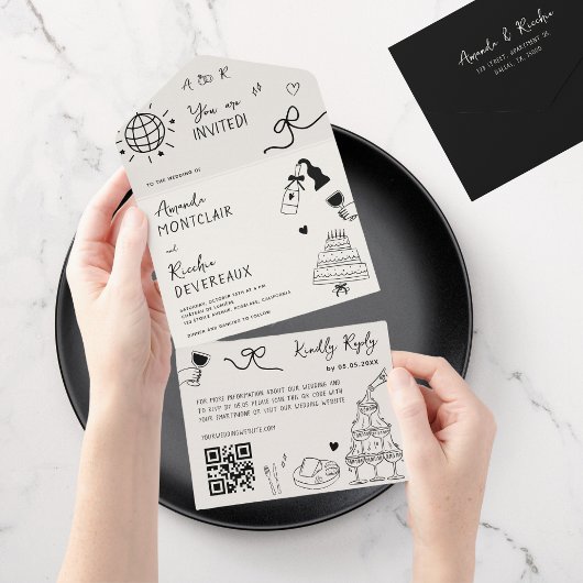 Hand getrokken Doodle Franse  QR Code Huwelijk All In One Uitnodiging