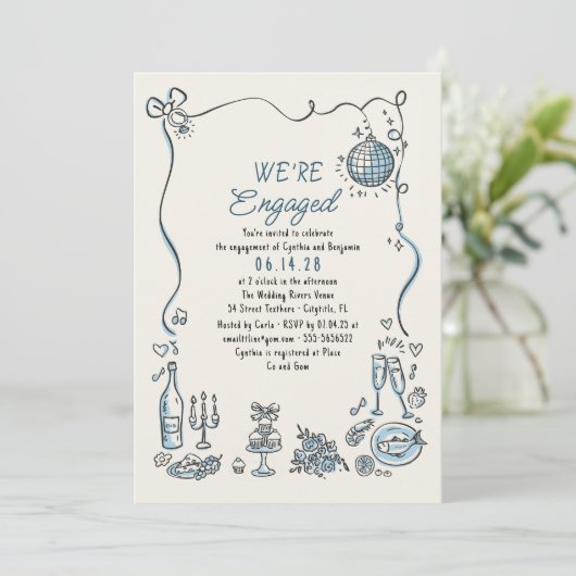 Hand getrokken Doodle Funky Whimsical Engagement P Kaart (Staand voorkant)