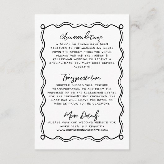 Hand getrokken Doodle grillige bruiloft details Informatiekaartje (Achterkant)