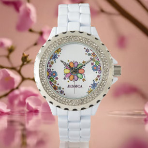 Hand getrokken Doodle Kleurrijk Bloemen naadloos p Horloge