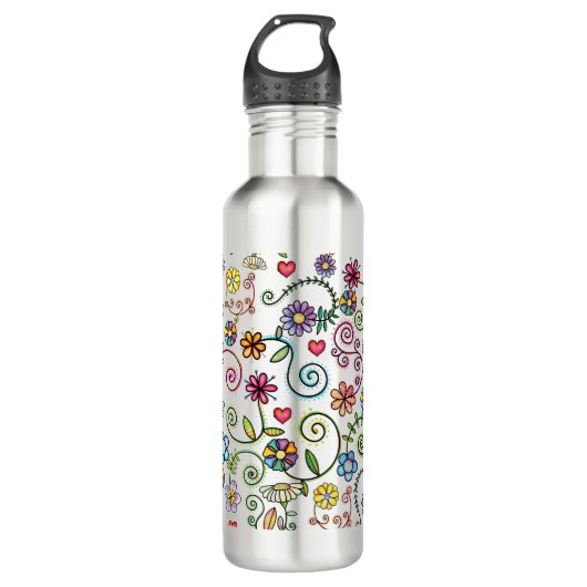 Hand getrokken Doodle Kleurrijk Bloemen naadloos p Waterfles (Voorkant)