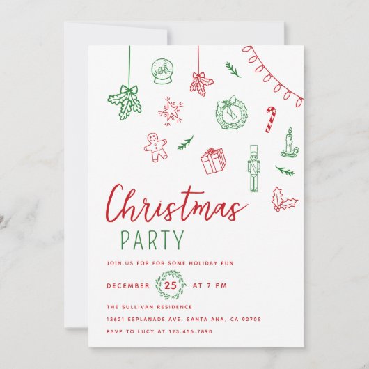 Hand getrokken Doodle rood en groen kerstfeest Kaart (Voorkant)