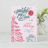 Hand getrokken Doodle Rood Groen Roze Kerstmis Feestdagenkaart (Staand voorkant)