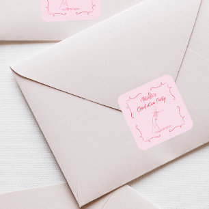 Hand getrokken doodle roze & rood afstudeerfeest vierkante sticker