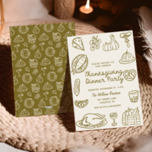 Hand getrokken Doodle Thanksgiving Dinner Uitnodig Feestdagenkaart