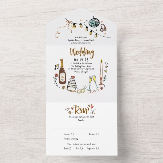 Hand getrokken Doodles Funky eigenzinnige moderne All In One Uitnodiging (Binnen)