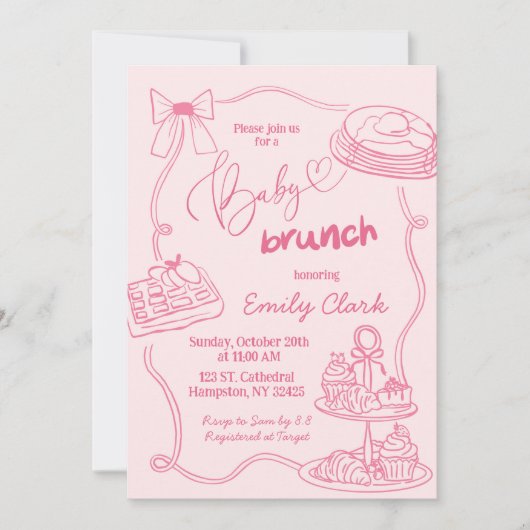 Hand getrokken Doodles Roze Baby Brunch Uitnodigin Kaart (Voorkant)