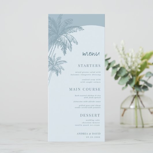Hand getrokken Dusty Blue Palm Tree Boho Beach Wed Menu (Staand voorkant)