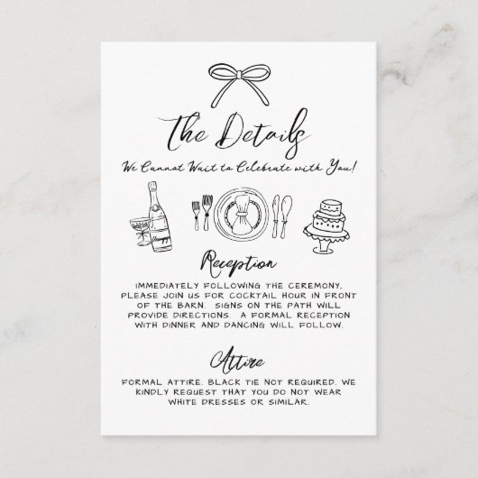 Hand getrokken eigenzinnige grillige bruiloft deta informatiekaartje (Voorkant)