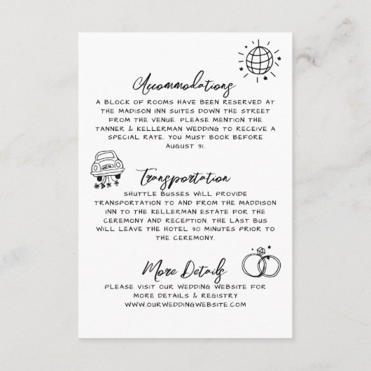 Hand getrokken eigenzinnige grillige bruiloft deta informatiekaartje (Achterkant)