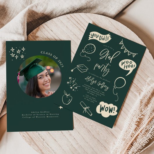 Hand getrokken eigenzinnige groene afstudeerfeest kaart