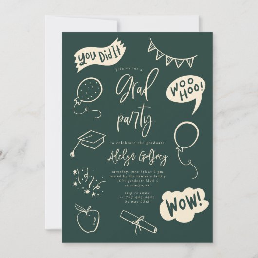 Hand getrokken eigenzinnige groene afstudeerfeest  kaart (Voorkant)