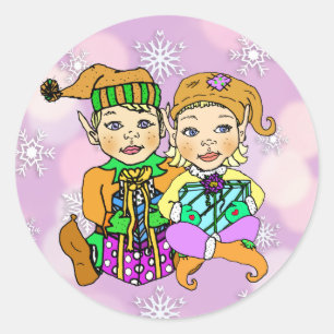 Hand-getrokken Elf-meisje en jongen met Gifts Ronde Sticker