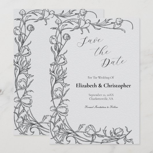 Hand getrokken Floral Botanical Save The Date Grey Kaart (Voorkant / Achterkant)