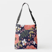 Hand getrokken floral navy koraal cross body canva crossbody tas (Achterkant)