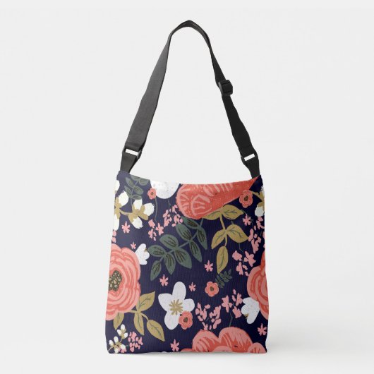 Hand getrokken floral navy koraal cross body canva crossbody tas (Voorkant)