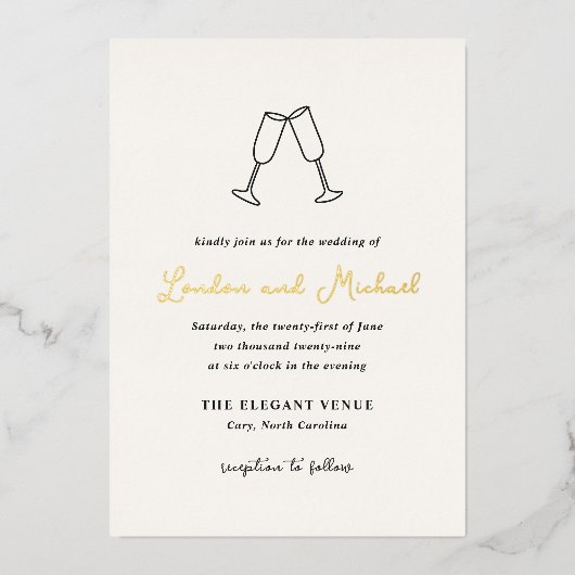 Hand getrokken fluiten Doodle moderne bruiloft Folie Uitnodiging (Voorkant)