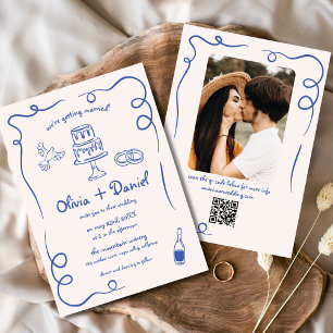 Hand getrokken foto QR code blauw grillige bruilof Kaart