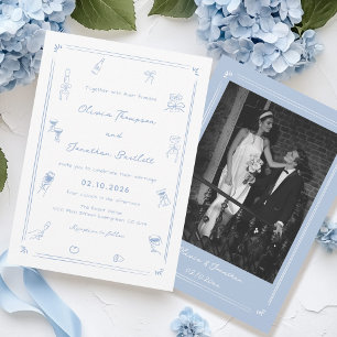 Hand getrokken foto wit en stoffige blauwe bruilof kaart