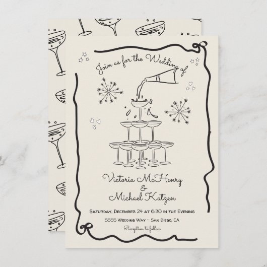 Hand getrokken Funky Champagne toren Bruiloft Kaart (Voorkant / Achterkant)