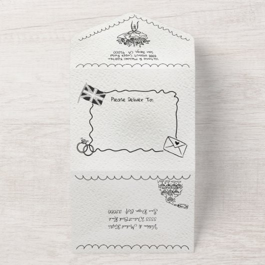 Hand Getrokken funky Engeland doodle bruiloft All In One Uitnodiging (Buitenkant)