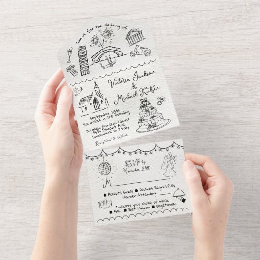 Hand Getrokken funky Italië doodle bruiloft All In One Uitnodiging (Afscheurbaar)