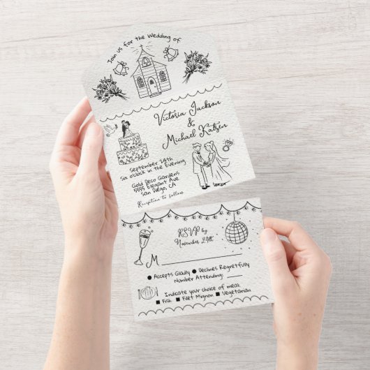 Hand Getrokken funky Kapel doodle bruiloft All In One Uitnodiging (Afscheurbaar)