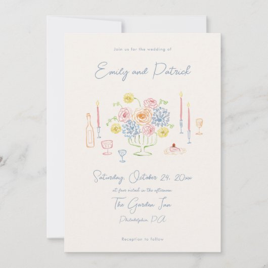 Hand getrokken Funky Whimsical Pastel Wedding Kaart (Voorkant)