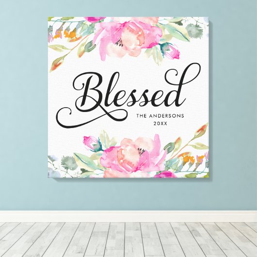 Hand getrokken Gezegend Zacht Roze Bloemen Canvas Afdruk (Insitu (Houten vloer))