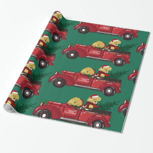 Hand getrokken Goldendoodles Rode Kerst Truck Cadeaupapier
