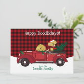 Hand getrokken Goldendoodles Rode Kerst Truck Feestdagenkaart (Staand voorkant)